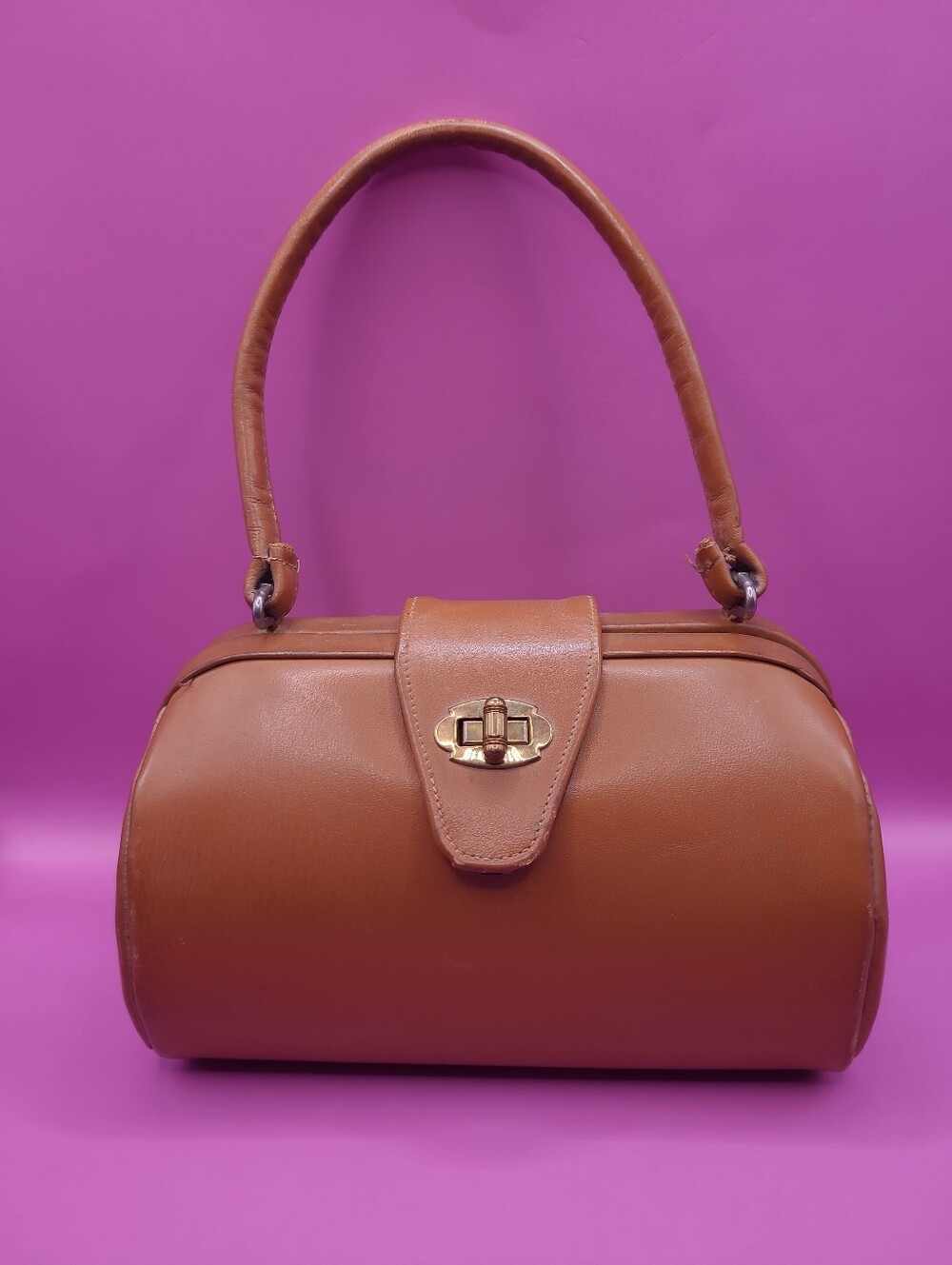 Vintage Cognac Leather Structured Doctor Bag with Gold Hardware MARLOW